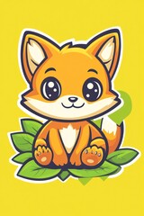 Fototapeta premium Cute fox sitting in leaves, yellow background, children's illustration