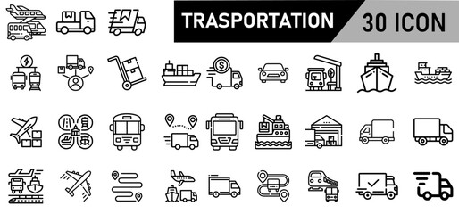 Minimalist Trasportation Icon Pack | 30 Outline Vector Icons, Editable stroke. 