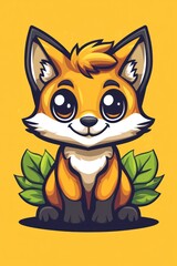 Cute fox cub sitting amidst leaves, yellow background; children's book illustration