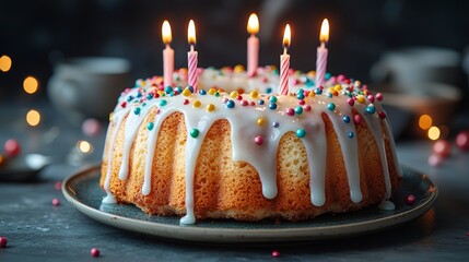 A cake adorned with a lit candle, ideal for celebrations and special occasions