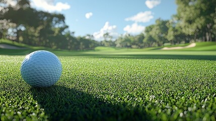 Film a ball flying high above the fairway, set against the backdrop of tall trees and clear blue skies, forming an ideal golf moment