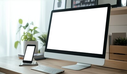 Fototapeta premium Desktop Computer and Smartphone in Modern Home Office, Workspace Mockup, Photography, Background