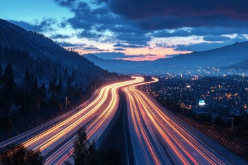 Obraz premium Long exposure of highway at night with city skyline and light trails in the background
