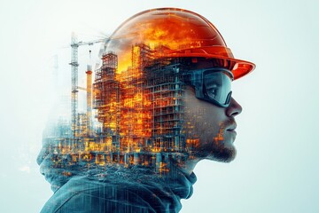 Man wearing hard hat and glasses in construction site environment with safety equipment and tools