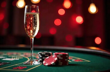 A glamorous scene featuring a glass of champagne and poker chips on a casino table with festive lights