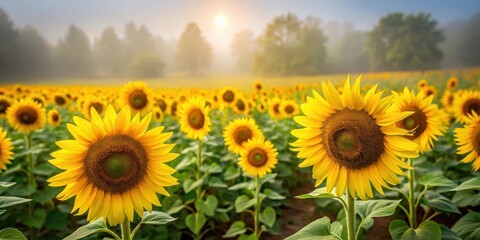 Obraz premium Misty Field of Sunflowers, yellow, mist, yellow, mist, nature,nuages, countryside, rural