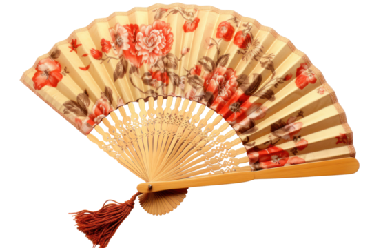 A vintage handheld fan with a floral pattern on its fabric, elegantly open and displaying its intricate craftsmanship.