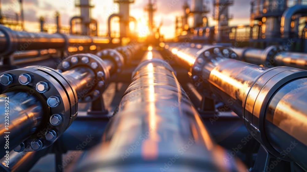 Poster a network of large pipes extends into the distance, reflecting the vibrant orange and yellow hues of