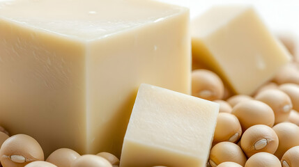 Tofu cubes on soybeans, healthy food, close-up shot, vegan diet