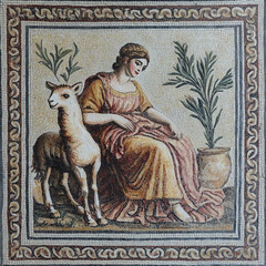 roman mosaic, an alpaca and artemis