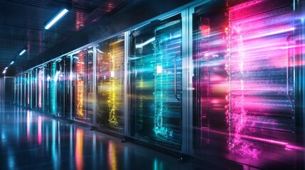 Illuminated server room showcasing advanced AI technology in vibrant colors