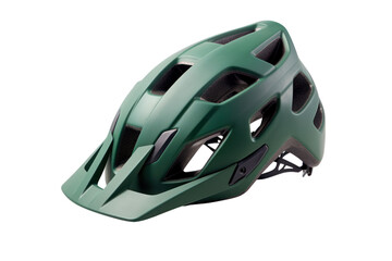 Fototapeta premium An advanced mountain biking helmet made of durable polycarbonate material, showcasing a rugged design with a built-in visor and a matte green finish for outdoor enthusiasts