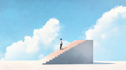 A person stands on stairs leading into a bright, open sky, symbolizing aspiration and personal growth.