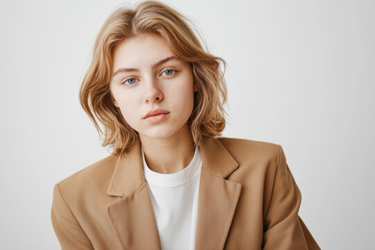 determined entrepreneur wearing blazer and white shirt, showcasing confidence and professionalism