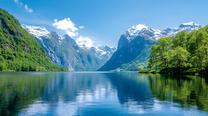 Serene fjord, snow-capped mountains, lush greenery, calm water, idyllic summer landscape, travel postcard
