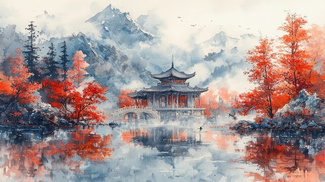 A serene Chinese landscape painting captures a tranquil lake that mirrors the vivid colors of maple and ginkgo trees, alongside a wooden pagoda and a stone bridge