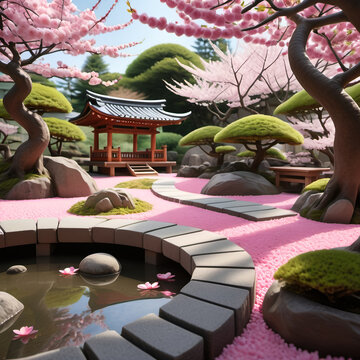 "Generate a high-resolution image of a serene Japanese Zen garden during spring. The scene should feature meticulously raked gravel pathways leading to a tranquil koi pond surrounded by delicately pru