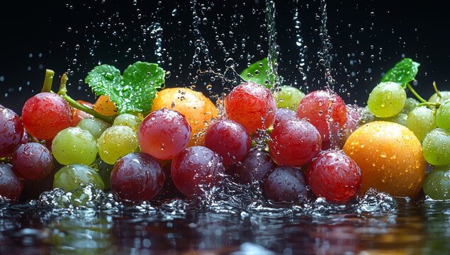 A burst of grapes, their juice and pieces spilling out in slow motion, portrayed in high contrast to emphasize the explosion and detailed textures