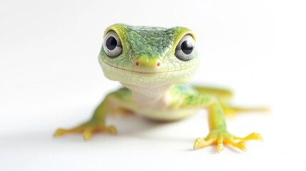 Obraz premium Cute green gecko portrait, white background, studio shot, pet reptile
