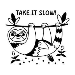 A glyph sticker of sloth hanging from a tree 

