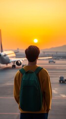 Fototapeta premium Traveler admires sunset at the airport with planes in the background and backpack on shoulder as day turns to night