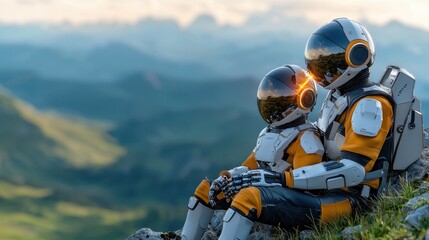 Naklejka premium Two astronauts wearing advanced high tech spacesuits collaborate and work together as they explore the wonders of the vast mysterious cosmos This digital rendering showcases a futuristic