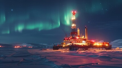 Fototapeta premium An offshore drilling platform shines brightly against the winter landscape as the northern lights dance in the night sky, creating a stunning contrast in a remote Arctic area.