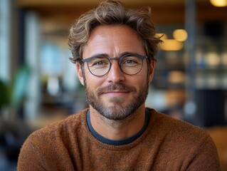 Fototapeta premium Close up portrait of a man with glasses wearing a brown sweater looking at camera