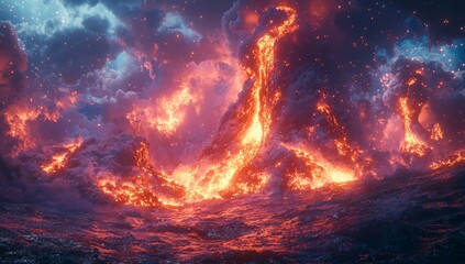 Fototapeta premium A slow-motion capture reveals an underwater volcanic eruption, where bubbles and molten rock burst forth from the seabed, highlighting the immense power and intensity of the event