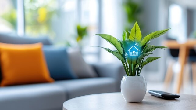 Minimalist and tech savvy living room with a holographic display  The space features sleek contemporary furniture and accents creating a serene and modern atmosphere