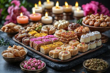 A beautifully arranged platter of assorted sweets and desserts, ideal for celebrations, festivals, or special occasions