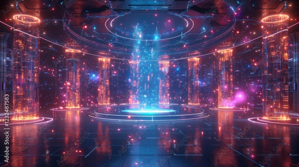Poster A vibrant digital environment features glowing pillars emitting light in various colors, while sparkling particles float throughout the space, creating a captivating sci fi atmosphere.