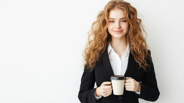 poised woman in formal attire holds cup, exuding confidence and warmth