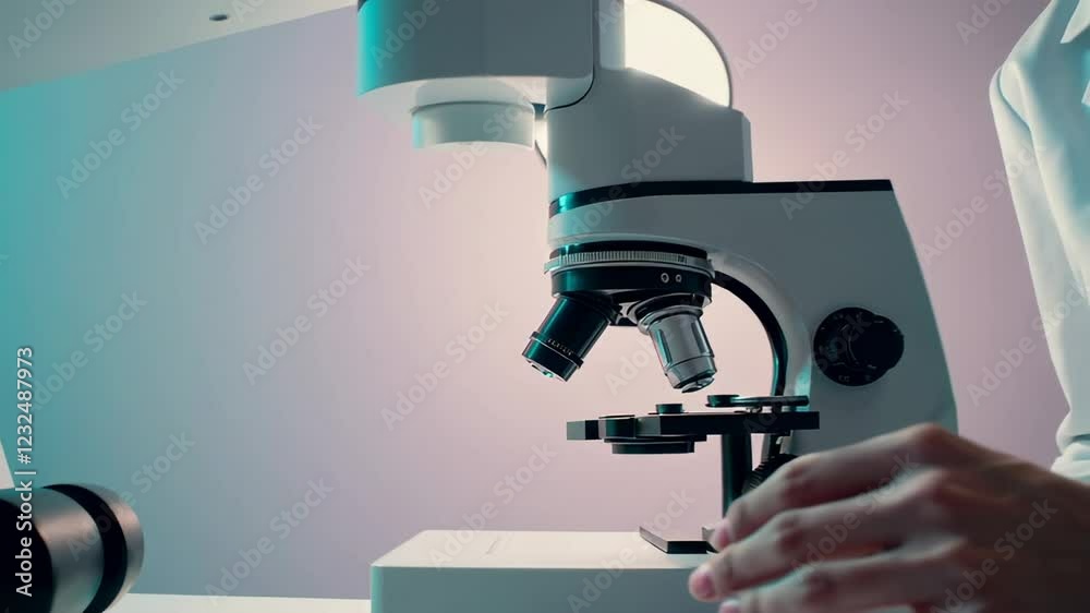 Poster Professional scientist in white coat conducts meticulous research, adjusting and observing samples under advanced microscope in controlled laboratory environment