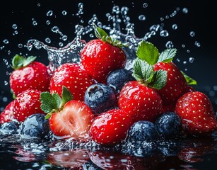 An enchanting slow-motion capture of fruit juices erupting from a berry mixture