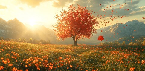 A lone leaf pirouettes beautifully in a radiant meadow, casting fine shadows on the lively grass, mirroring peaceful co-existence in nature, shown in a slow-motion snapshot, as a realistic photo