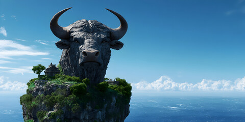 A massive, horned bull creature made of stone, standing guard over a sacred temple on top of a cliff overlooking a vast ocean.


