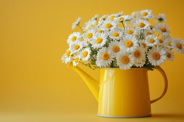 Bouquet of Daisies in Yellow Watering Can on Yellow, Minimalist Floral Display