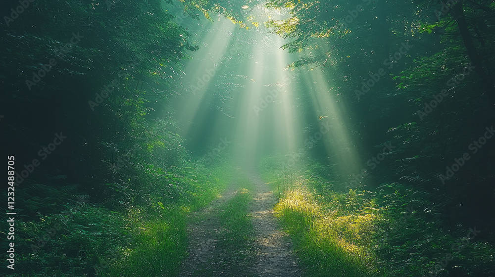 Poster Winding through a dense forest, a misty path catches soft sunlight as it streams through the trees, creating an enchanting and tranquil environment perfect for exploration and reflection