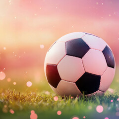Naklejka premium soccer ball on grass with glowing sunset and dreamy bokeh effect