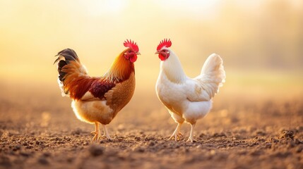Fototapeta premium Rooster and Hen Walking Together on Clean Farm Soil at Sunrise