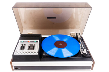 Obraz premium Vintage turntable record player with blue vinyl isolated on white background.