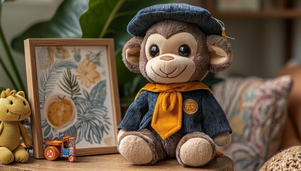 A adorable stuffed figure adorned with a miniature graduation hat, marking a significant event