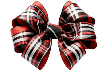 Festive red, white, and black plaid ribbon arranged into a decorative bow, highlighting the contrasting patterns and textures that elevate holiday gift presentations.