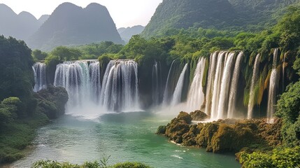 Naklejka premium Lush Waterfall in Karst Mountains, Vietnam. Travel Poster
