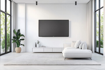 Modern living room with minimalist decor, featuring large TV, white sofa, and indoor plant