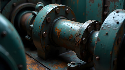 An industrial pipe fitting showcases rust and wear, featuring a weathered green surface with bolt details, conveying a sense of age and mechanical complexity