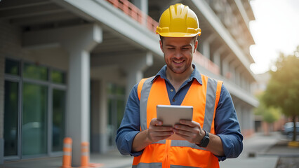 A smiling young man in a yellow hard hat and safety vest uses a tablet at a construction site, showcasing professionalism and engagement with technology