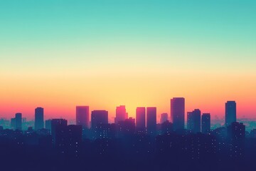 Fototapeta premium A minimalist cityscape at dawn, with only a few buildings silhouetted against a soft, glowing sky