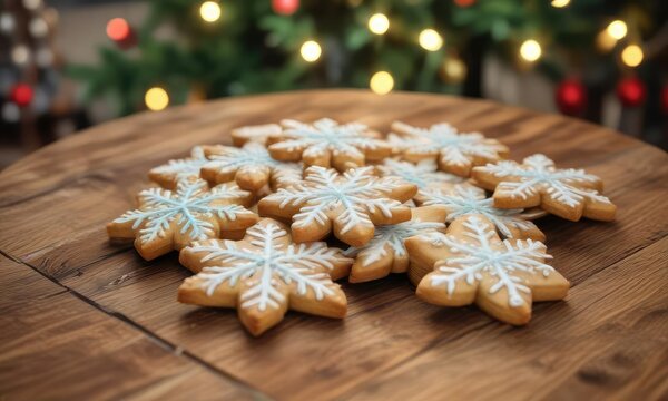Frosty snowflake biscuits on a wooden table by Christmas tree, decorative, winter
